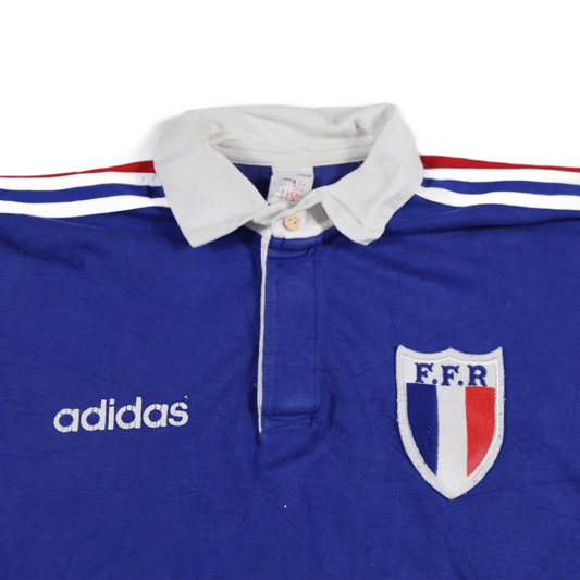 adidas France Rugby FFR No. 9 Blue Long Sleeve Shirt 1980s Size L – Classic Retro French Rugby Jersey