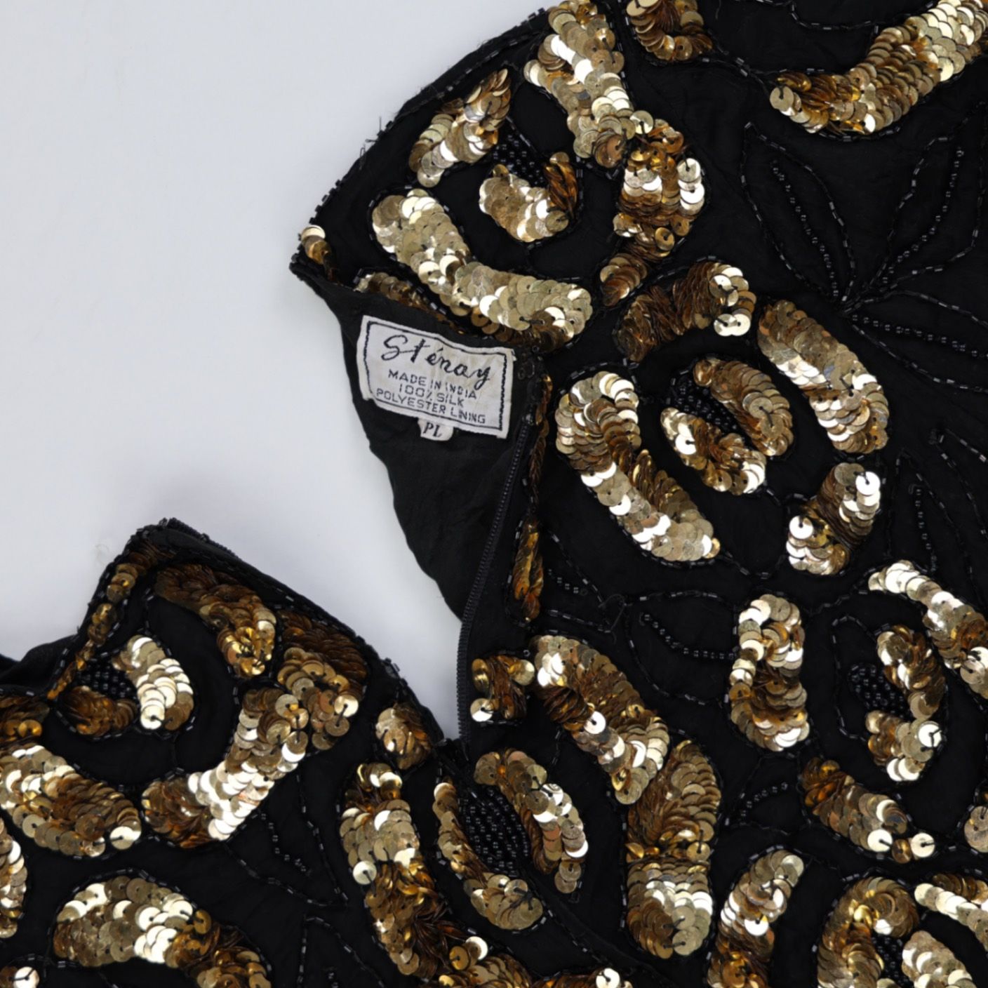 Stenay Black Gold Sequin Short Sleeve Party Top PL – Vintage 90s Eveningwear, Hand Beaded, Glamorous Sequin Blouse