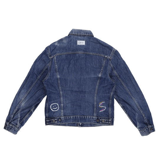 Levi's Vintage XL Custom Embroidered Blue Denim Jacket Cotton Denim Collared