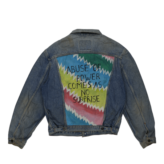 Levi's Vintage Blue Denim Trucker Jacket Large Cotton with Butterfly Embroidery and Hand-Painted Statement Patch