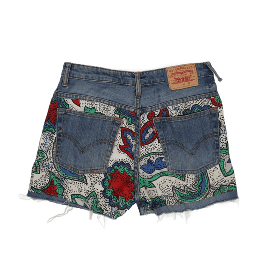 Levi's Vintage Women's Denim Shorts Size 14 Blue Multicolour Floral Print Cotton 11cm Inseam