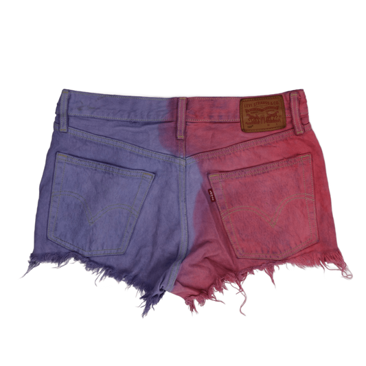 Levi's 501 Colourblock Red Purple Frayed Hem Denim Shorts W32 Unique Festival Style