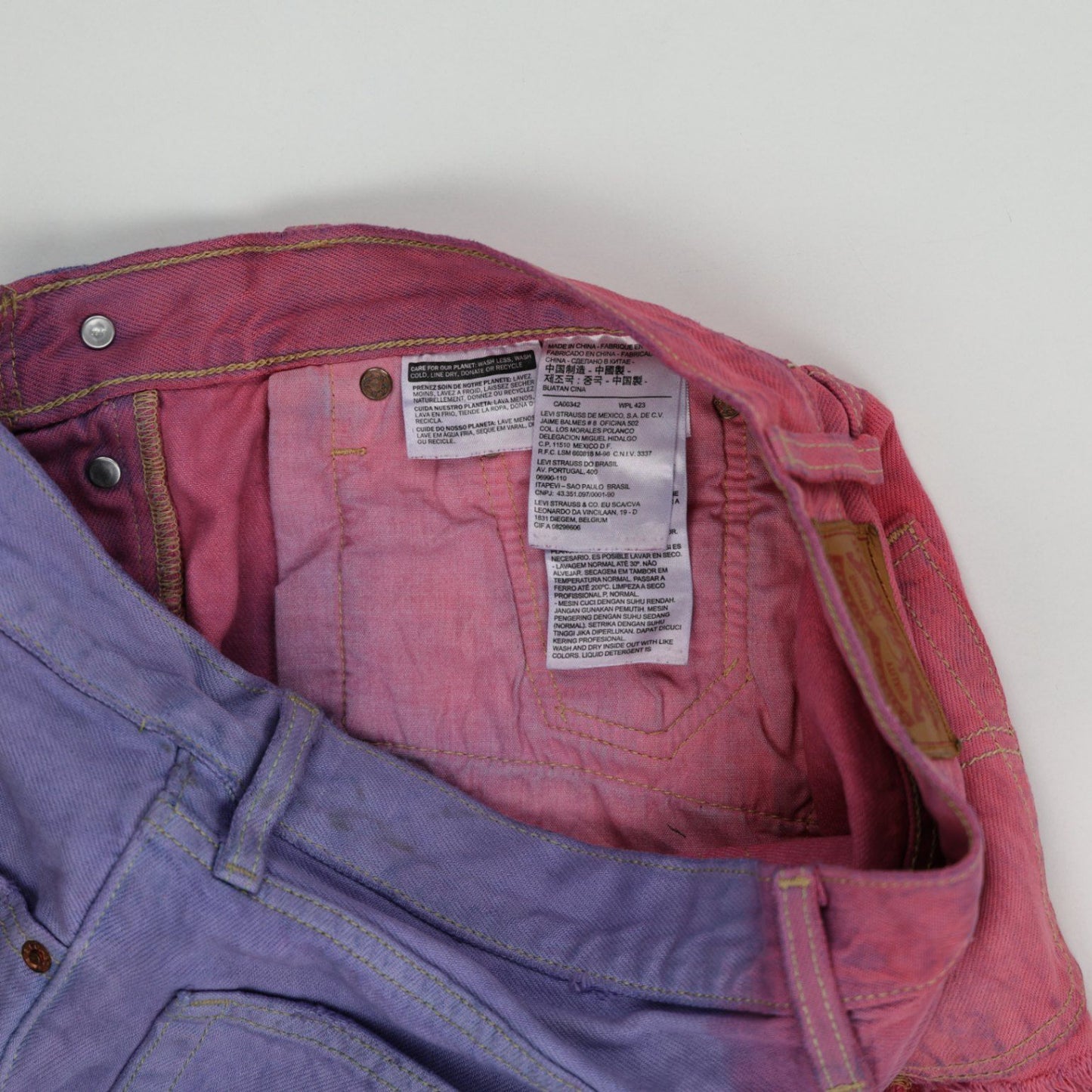 Levi's 501 Colourblock Red Purple Frayed Hem Denim Shorts W32 Unique Festival Style