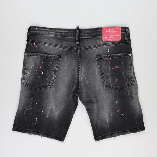 DSQUARED2 Grey Distressed Paint-Splatter Denim Shorts Size 48 Large Cotton