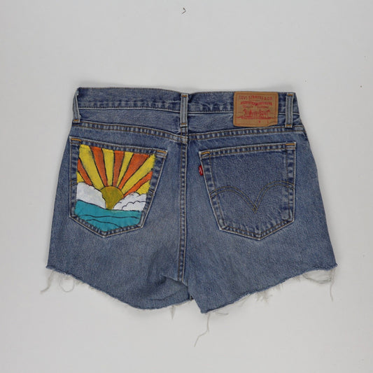 Levi's 516 Vintage Slim Fit Denim Shorts Blue 32W Cotton Hand-Painted