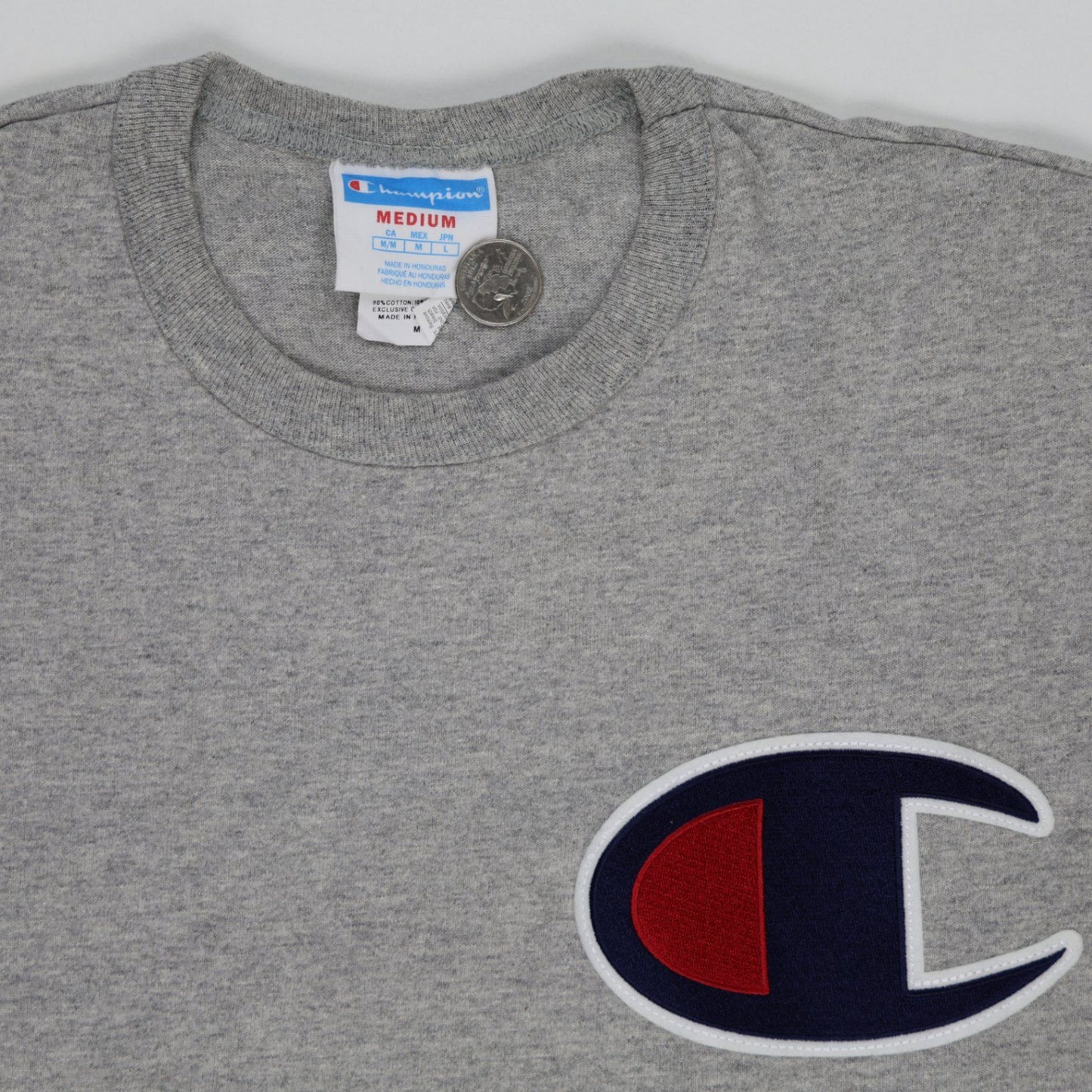 Champion Grey Classic Fit T-Shirt Medium Cotton Crew Neck Vintage