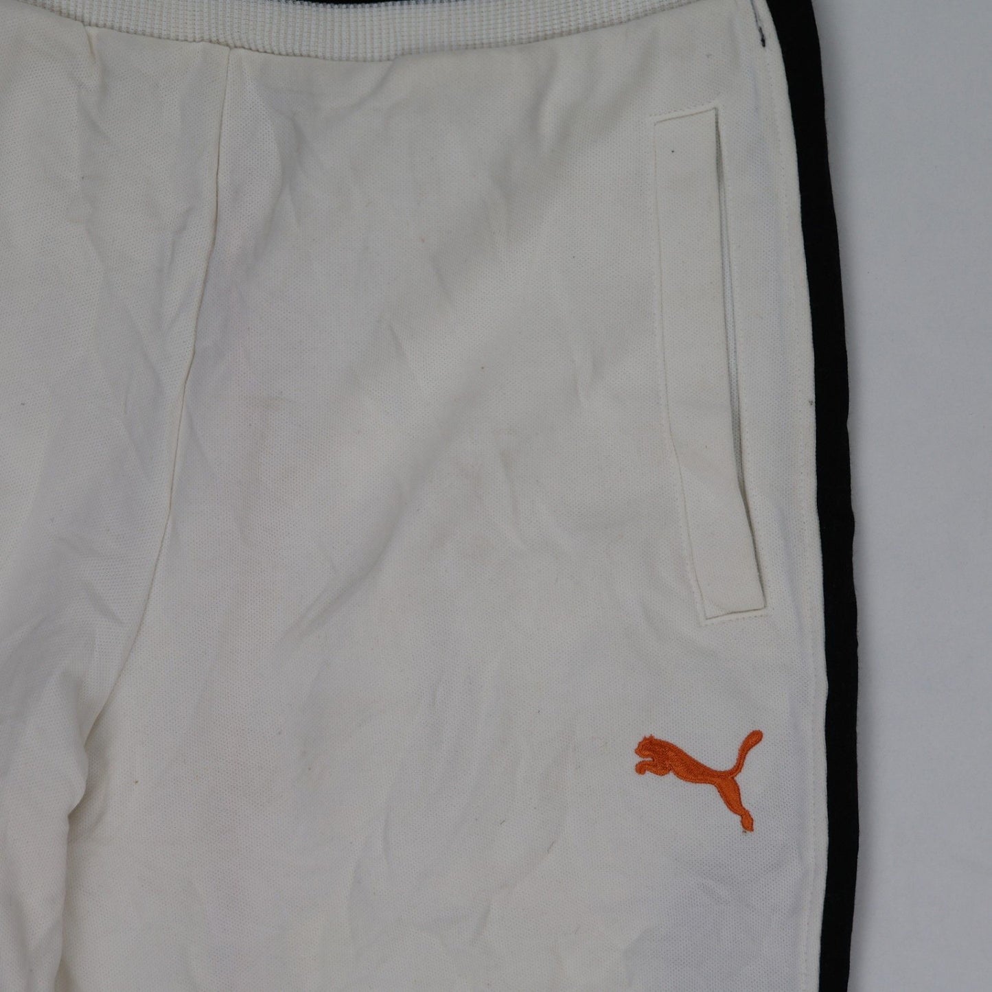 PUMA Vintage White Track Pants Large Polyester with Black Stripes