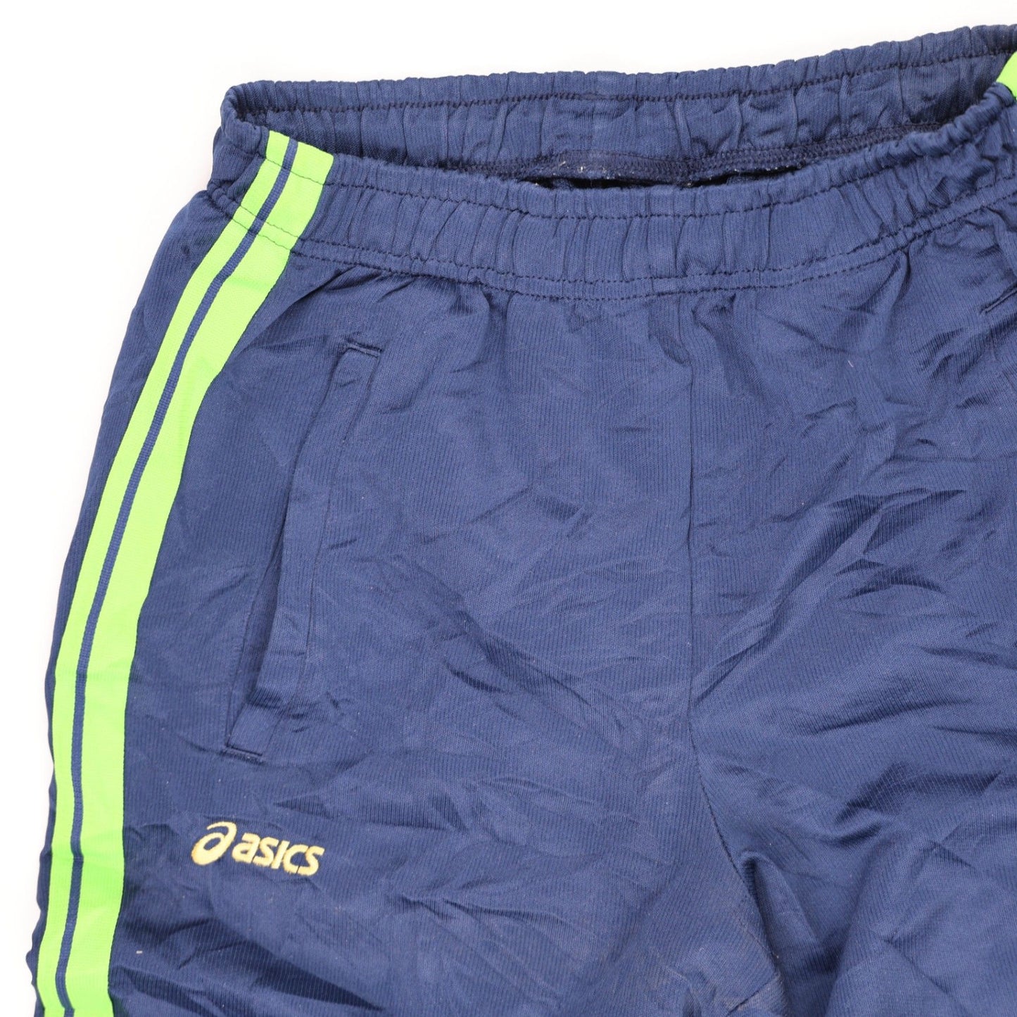 ASICS Vintage Navy Blue Track Trousers Unisex Medium Polyester with Neon Green Stripes