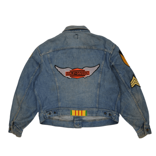 Lee Vintage Denim Jacket Blue Cotton Denim Size M with Harley Davidson Embroidery and Military Patches