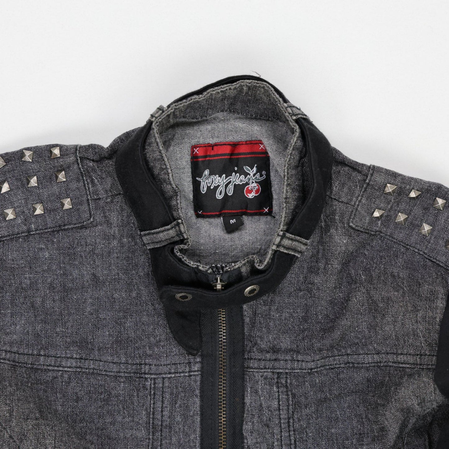 Foxy Jeans Black Denim Biker Jacket Women's Medium Studded Shoulder Collared Style