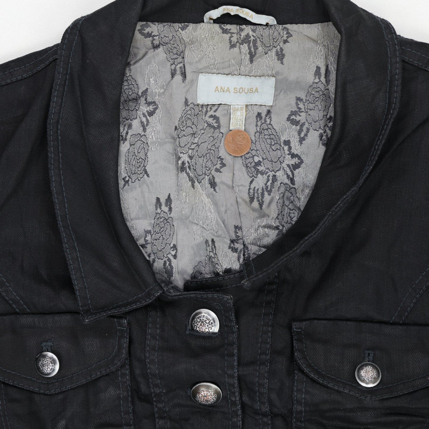 Ana Sousa Black Cropped Denim Jacket UK 10 Cotton Denim Collared Women's Outerwear