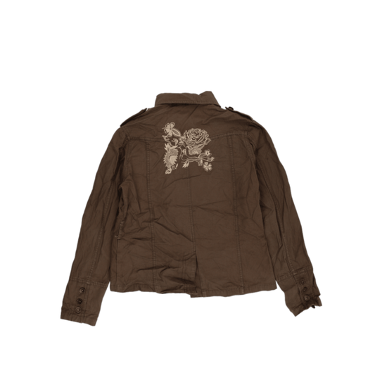 River Flower Brown Embroidered Utility Jacket Womens Size S Cotton