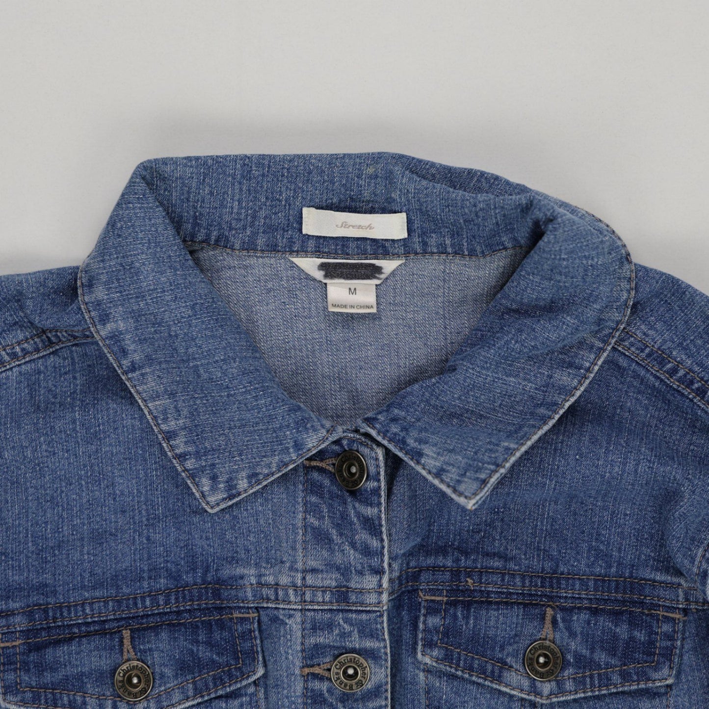 Stretch Women's Vintage Blue Denim Jacket Medium Collared 50 cm Pit-to-Pit 58 cm Collar to Hem 60 cm Sleeve Length