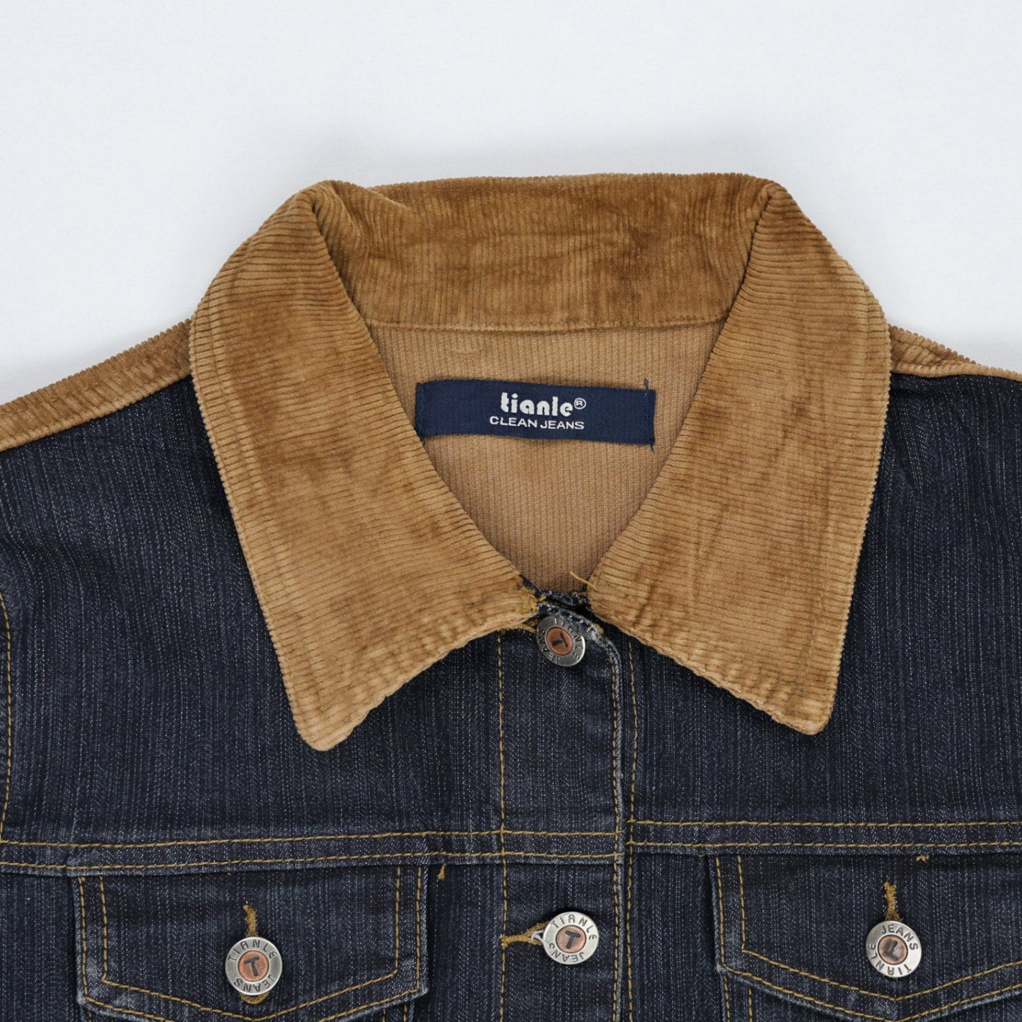 Tianle Vintage Two-Tone Denim Trucker Jacket Dark Blue and Tan Size Medium