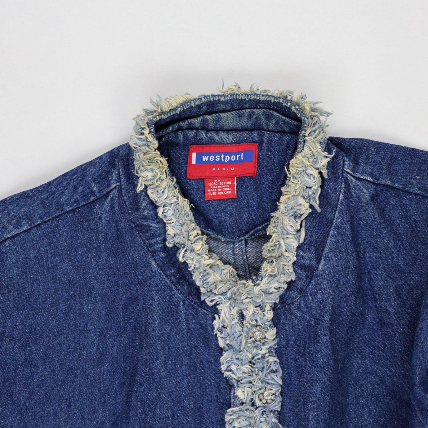 Westport Vintage Denim Blue Casual Jacket Large 100% Cotton Frayed Edge Trim Crew Neck