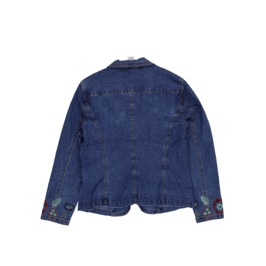 New Ruby Rd Denim Jacket Blue Size S 97 Cotton 3 Spandex Lapel Collar Floral Embroidery