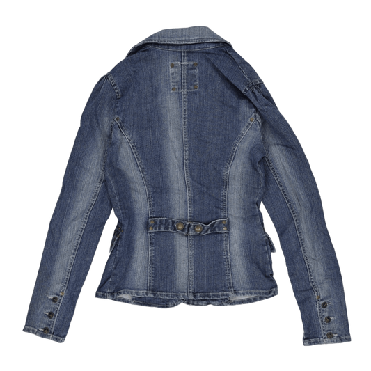 No Excuse Womens Blue Denim Fitted Blazer Jacket Size 36 Small Vintage Cotton