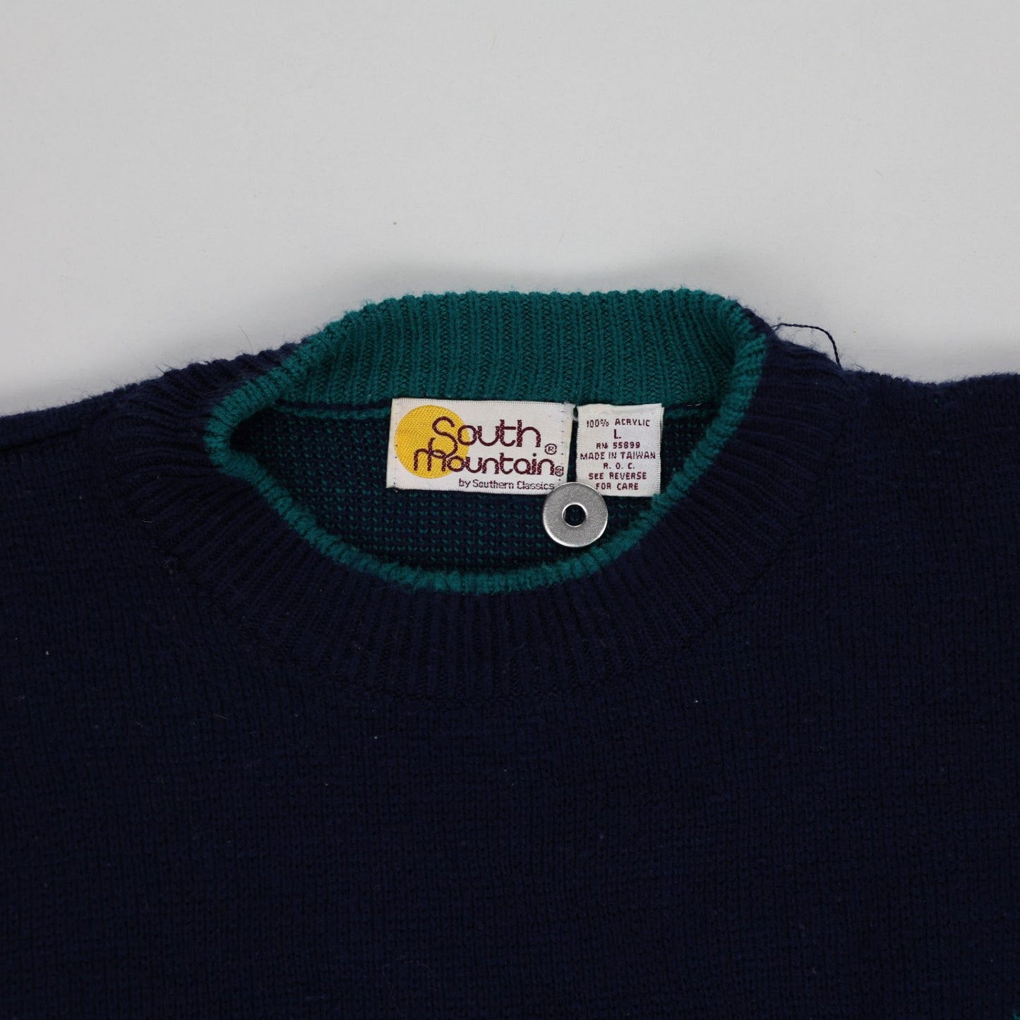 South Mountain Vintage Patterned Knit Jumper Navy Medium Acrylic Crew Neck