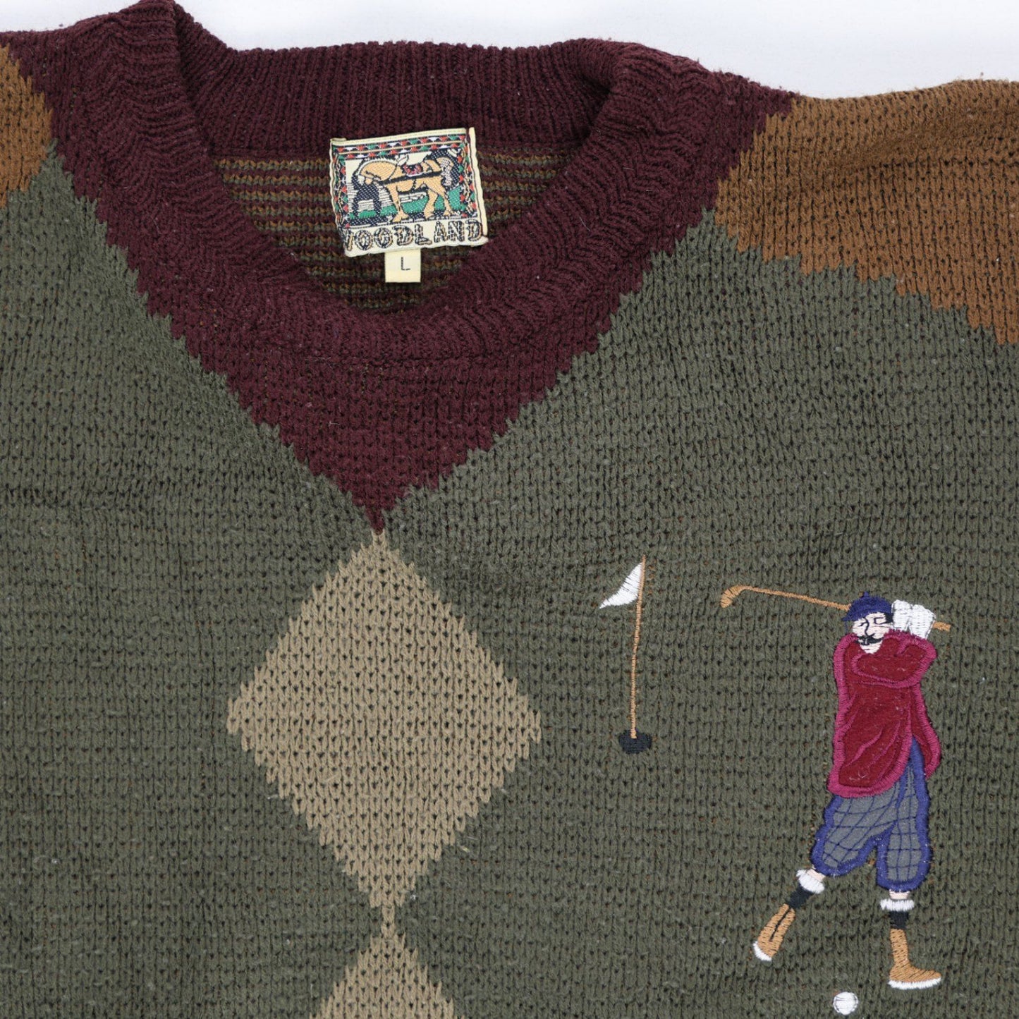 Woodland Vintage Knitted Golf Scene Jumper Green Multi Large Acrylic Wool Blend Crew Neck