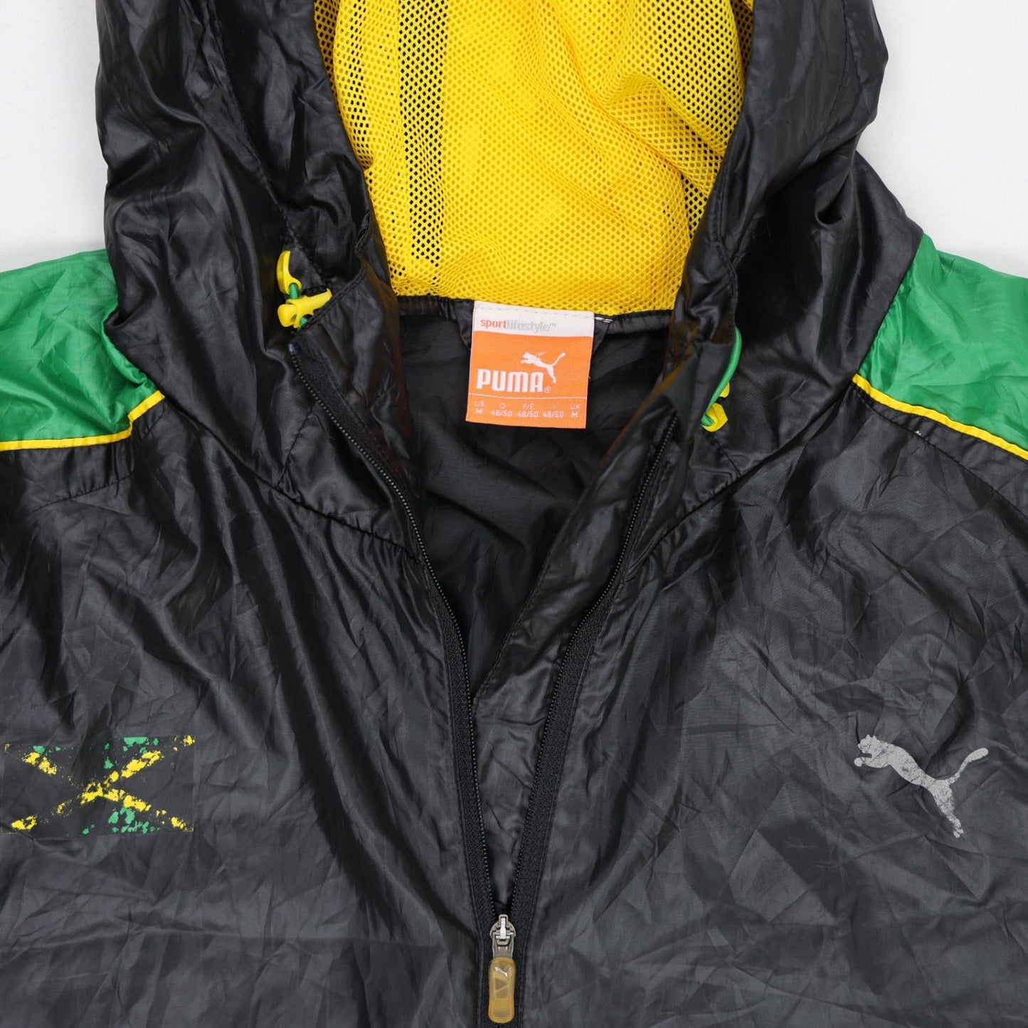 PUMA Jamaica Track Jacket Black Yellow Green Large Polyester Hooded Vintage