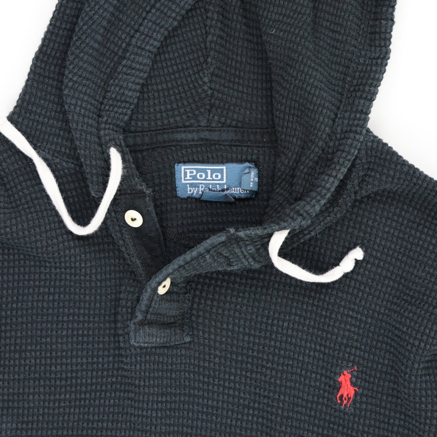 Polo Ralph Lauren Black Hooded Sweatshirt Men's Medium Cotton Blend Vintage Waffle Knit