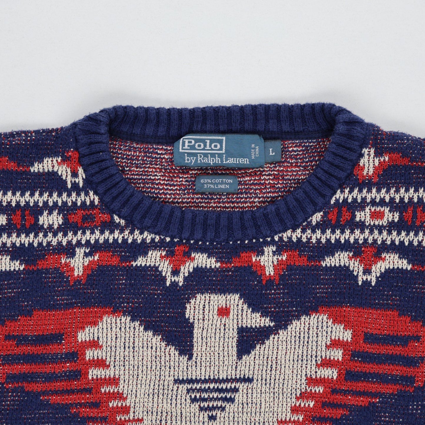 Ralph Lauren Eagle Knit Jumper Navy Blue Red White Large 63 Cotton 37 Linen Crew Neck Vintage Excellent Condition