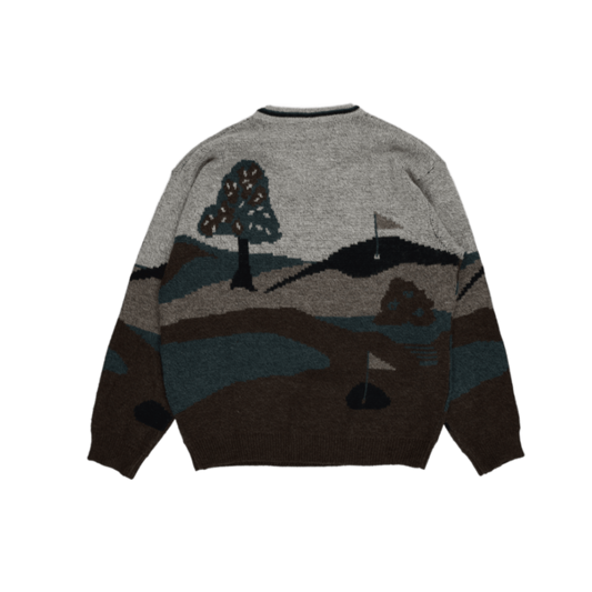 Canda Vintage Golf Graphic Knit V-Neck Jumper Grey Blue Brown Large Acrylic