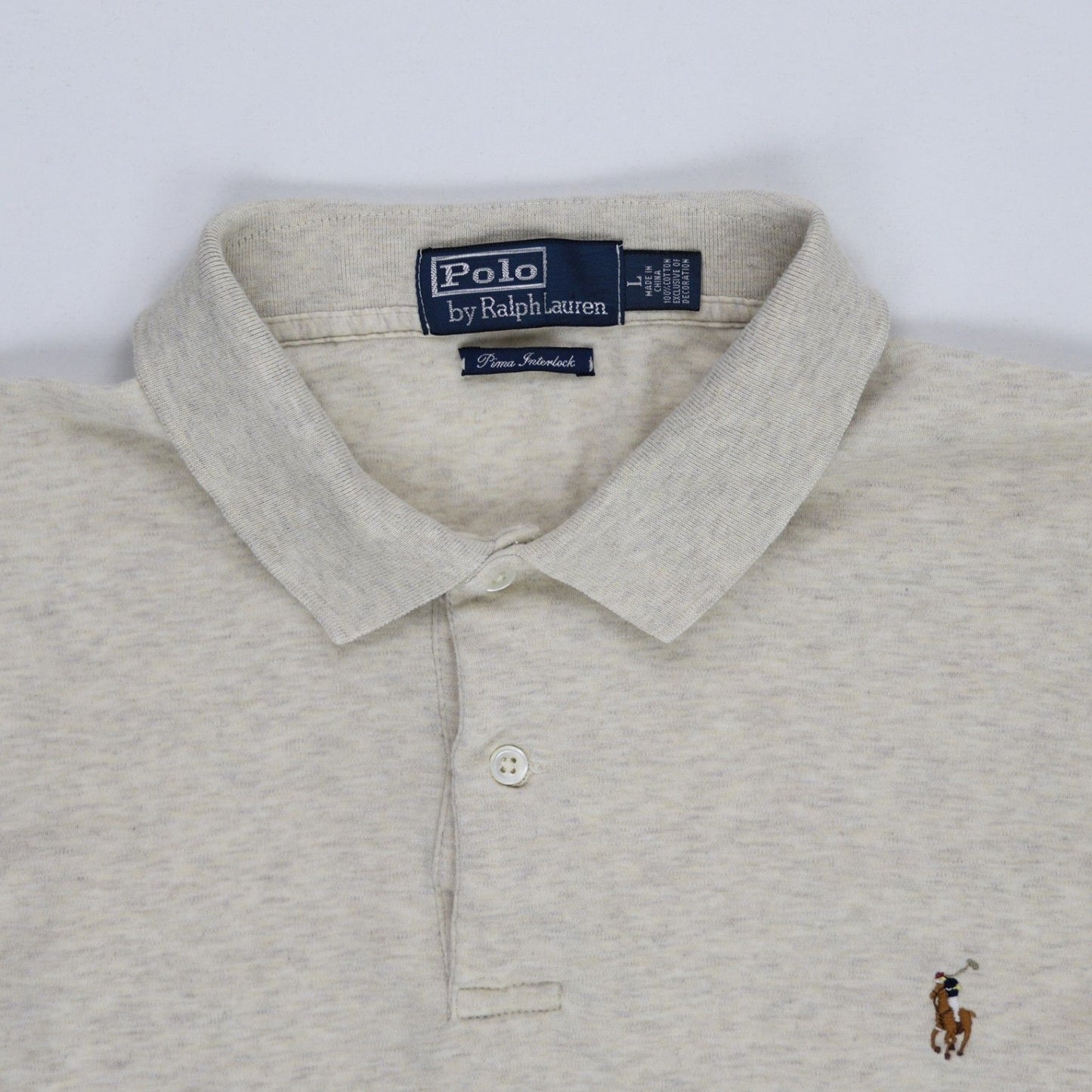 Ralph Lauren Men's Long Sleeve Polo Shirt Light Grey Size L Cotton Classic Vintage
