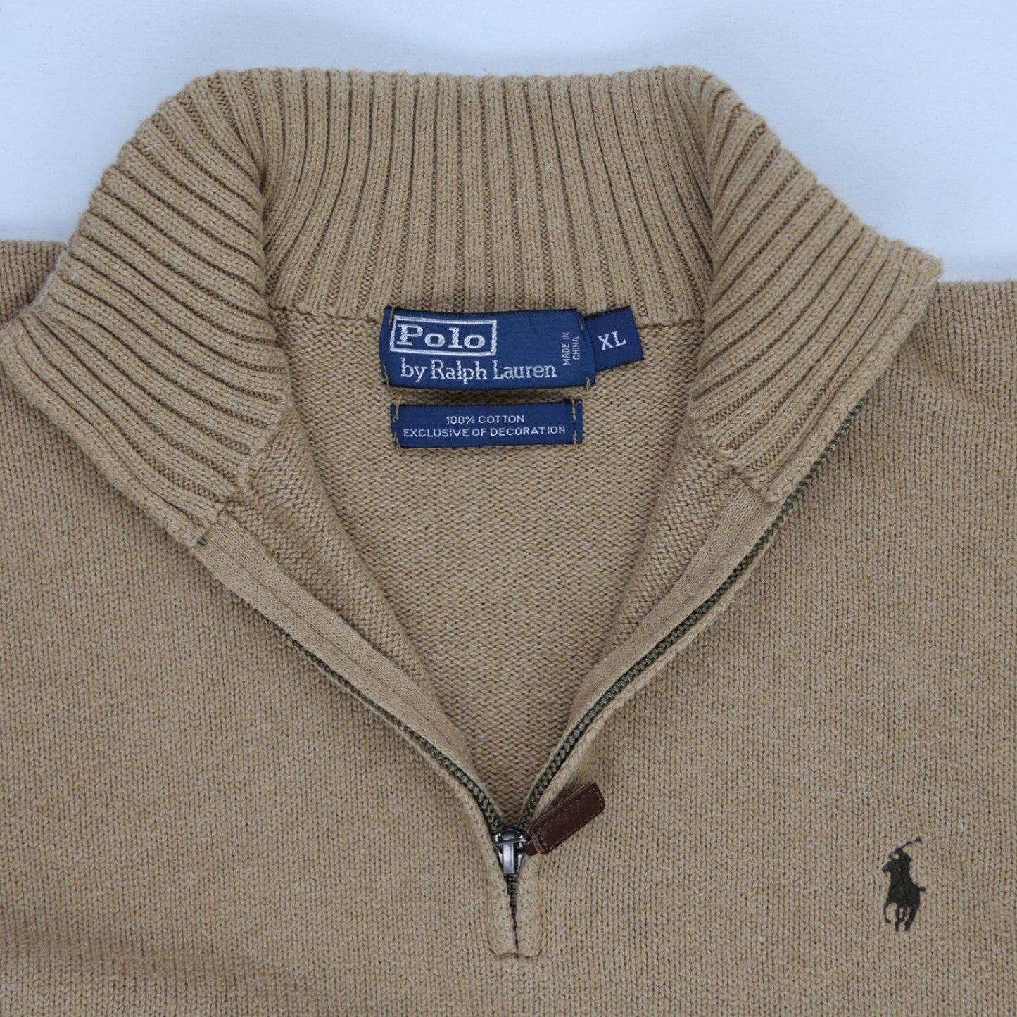 Ralph Lauren 1/4 Zip Jumper Camel Brown XL 100% Cotton Vintage High Neck
