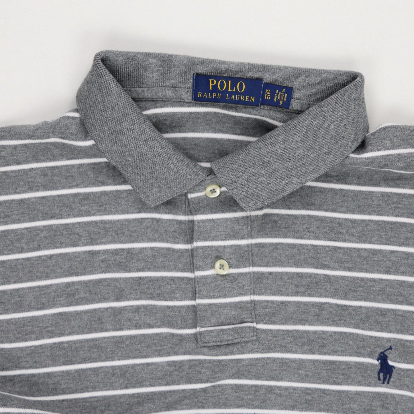 Ralph Lauren Men's XL Grey White Striped Long Sleeve Polo Shirt Cotton Collared
