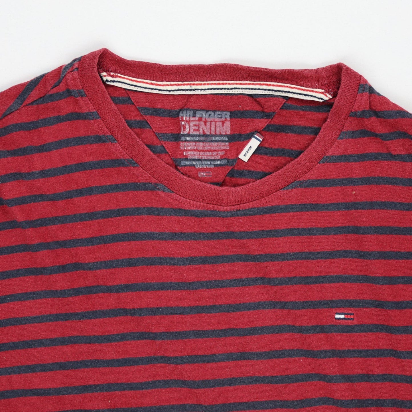 Tommy Hilfiger Casual Striped Long Sleeve T-Shirt Red Navy Size Medium Cotton