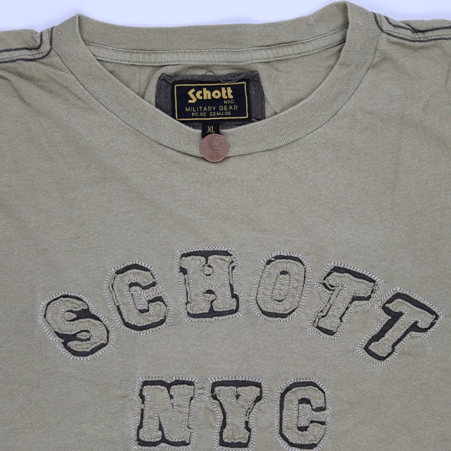 Schott NYC Vintage Khaki Long Sleeve T-Shirt XL Cotton Crew Neck