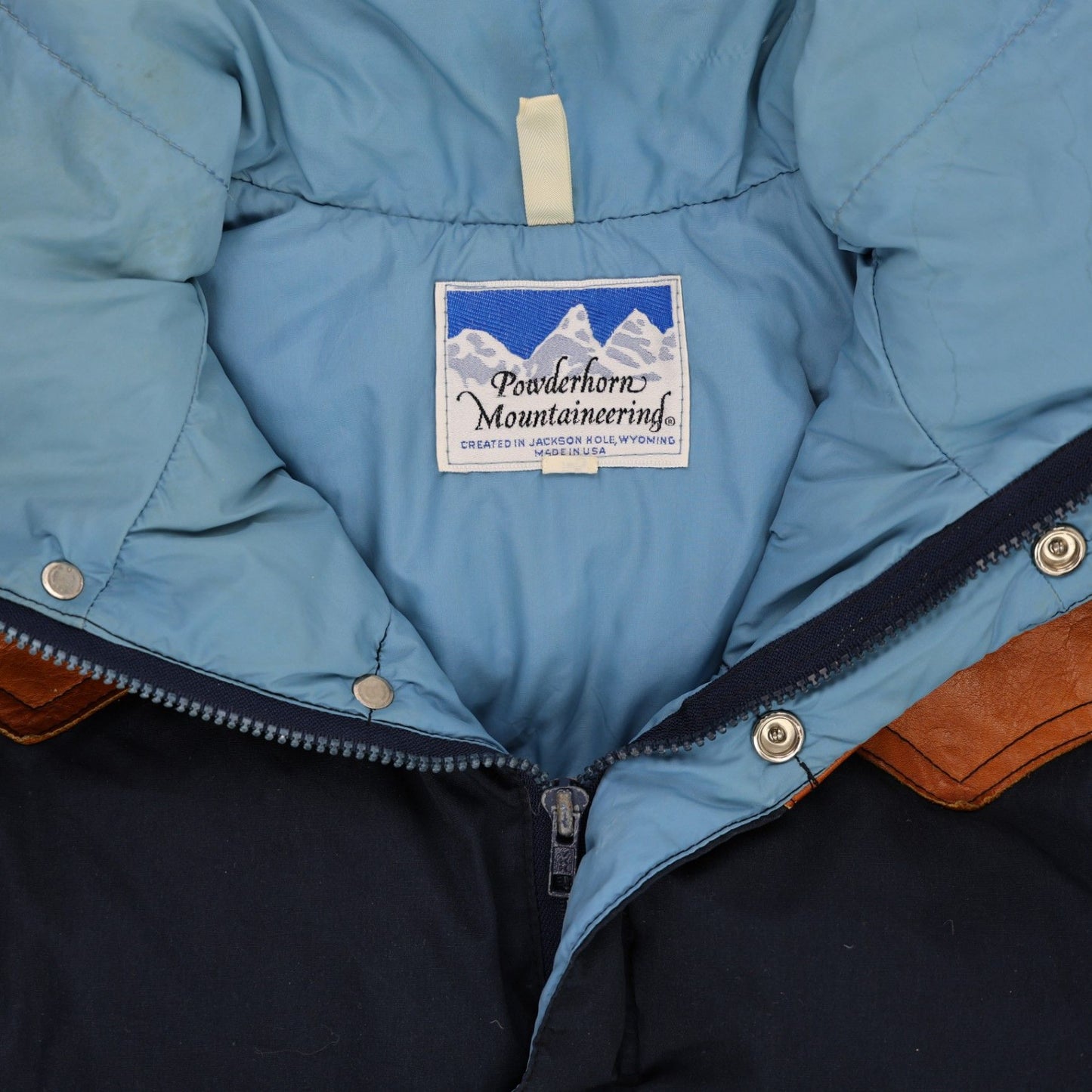 Powderhorn Mountaineering Vintage Western Puffer Jacket Navy Tan Medium Nylon Cotton Leather