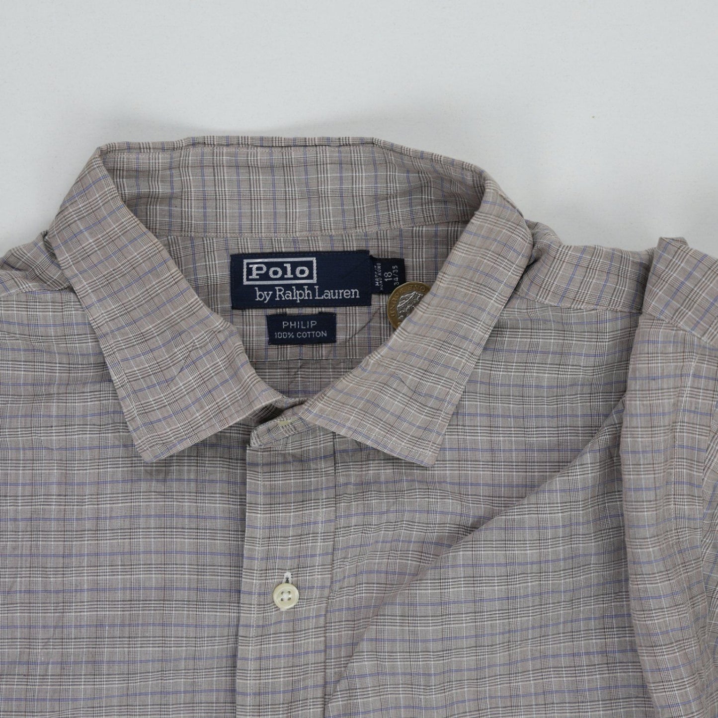 Polo Ralph Lauren Checked Shirt Grey 100 Percent Cotton Size 18.5 XXL Long Sleeve Collared