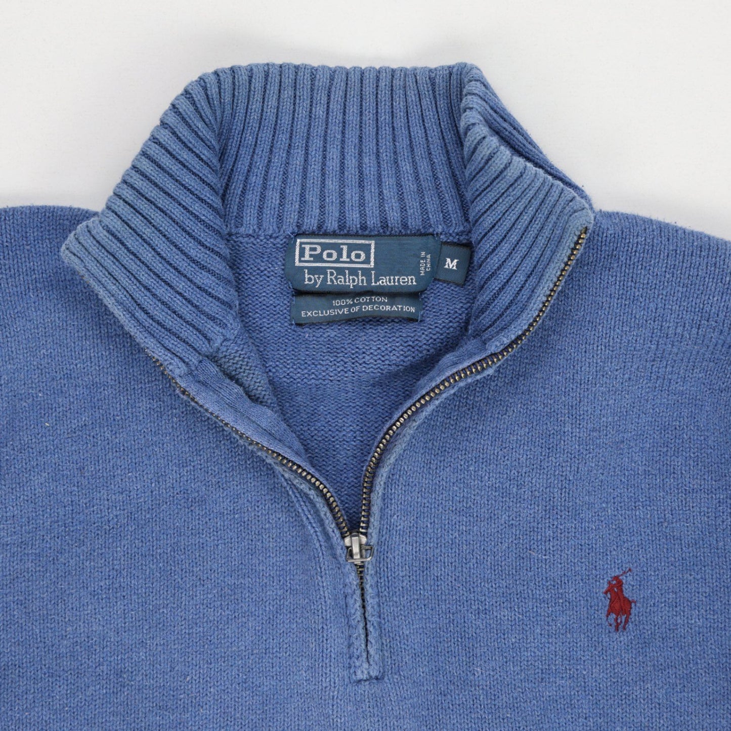 Polo Ralph Lauren Blue Quarter Zip Jumper Men's Medium 100% Cotton Vintage Knitwear