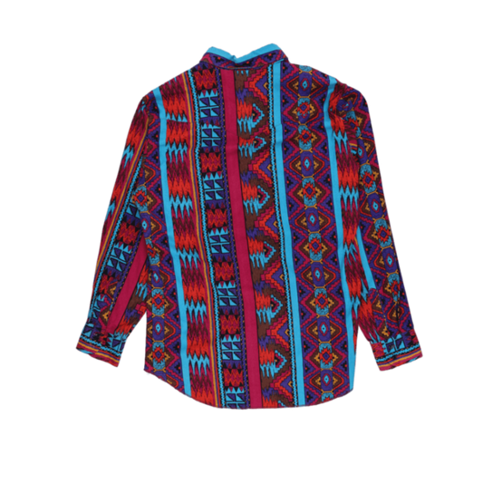 Vintage Aztec Patterned Shirt Red Blue Purple Multi Large Cotton Blend Collared Long Sleeve