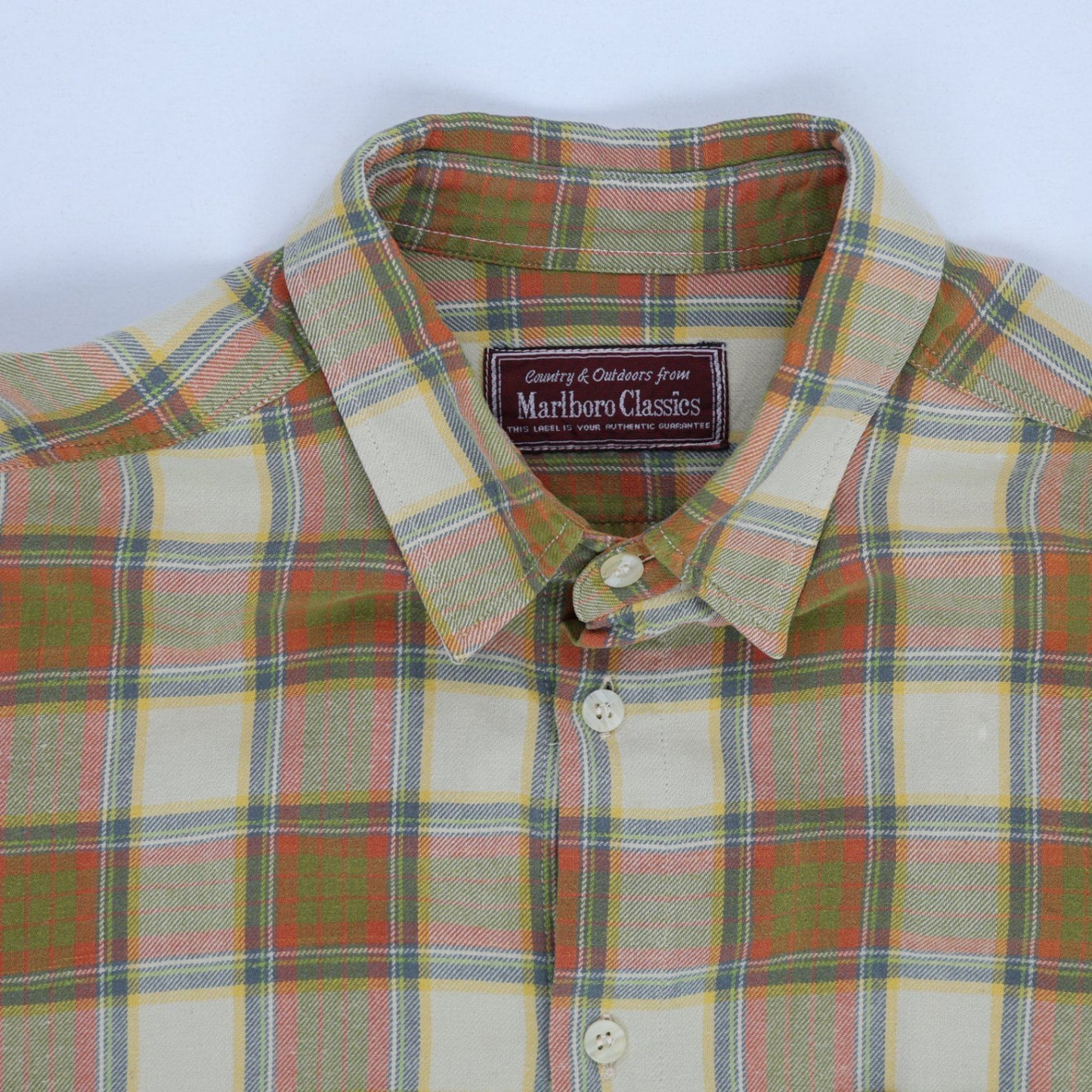 Marlboro Classics Vintage Brown Green Yellow Checked Flannel Shirt Large Cotton Collared