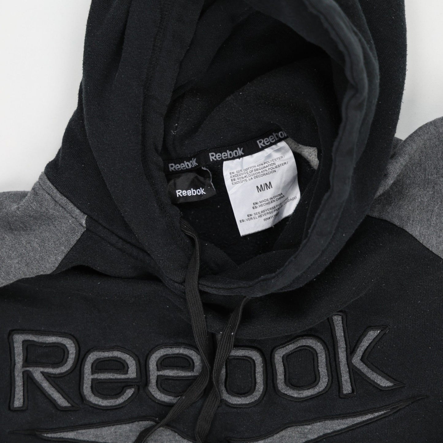 Reebok Pullover Hoodie Black Grey Colourblock Embroidered Logo Men's Medium 60% Cotton 40% Polyester