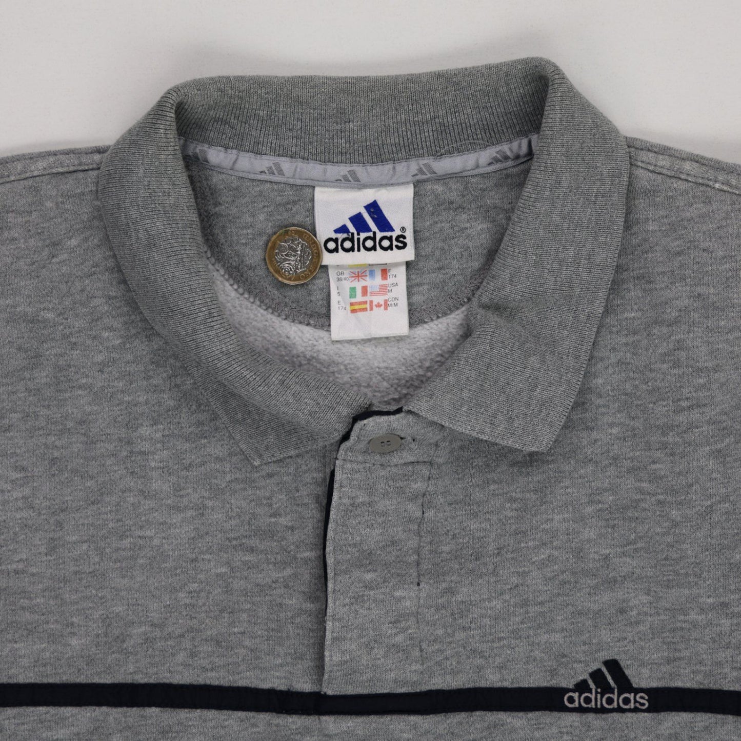 Adidas Vintage Polo Sweatshirt Grey Black Cotton Blend Size L 90s Retro Sportswear