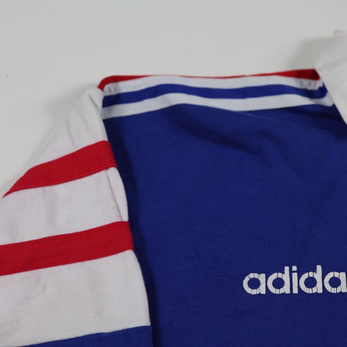 adidas France Rugby FFR No. 9 Blue Long Sleeve Shirt 1980s Size L – Classic Retro French Rugby Jersey