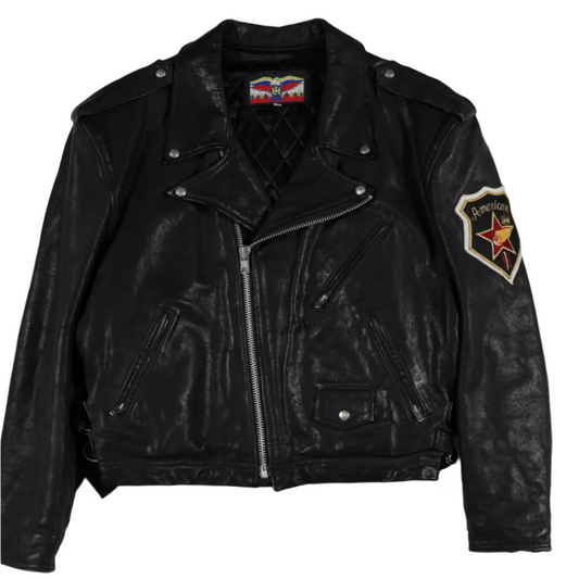Jeff Hamilton Black Leather Biker Jacket with Eagle Patch, American Star Badge, Motorcycle Style, Size Large