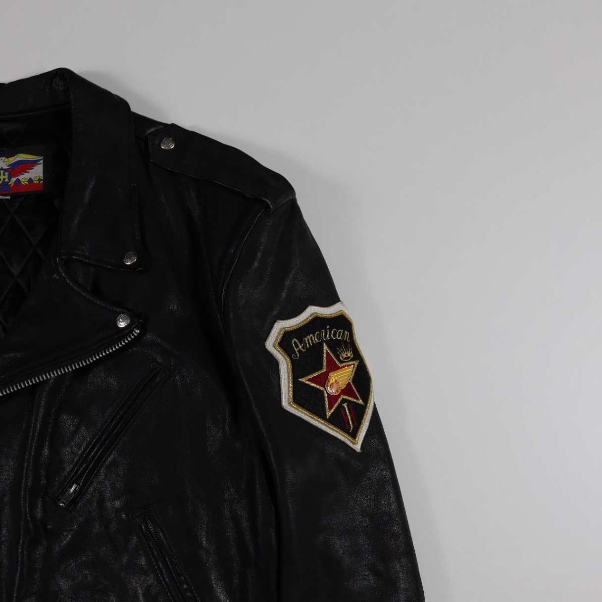 Jeff Hamilton Black Leather Biker Jacket with Eagle Patch, American Star Badge, Motorcycle Style, Size Large