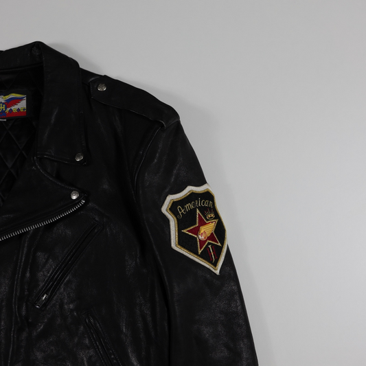 Jeff Hamilton Black Leather Biker Jacket with Eagle Patch, American Star Badge, Motorcycle Style, Size Large