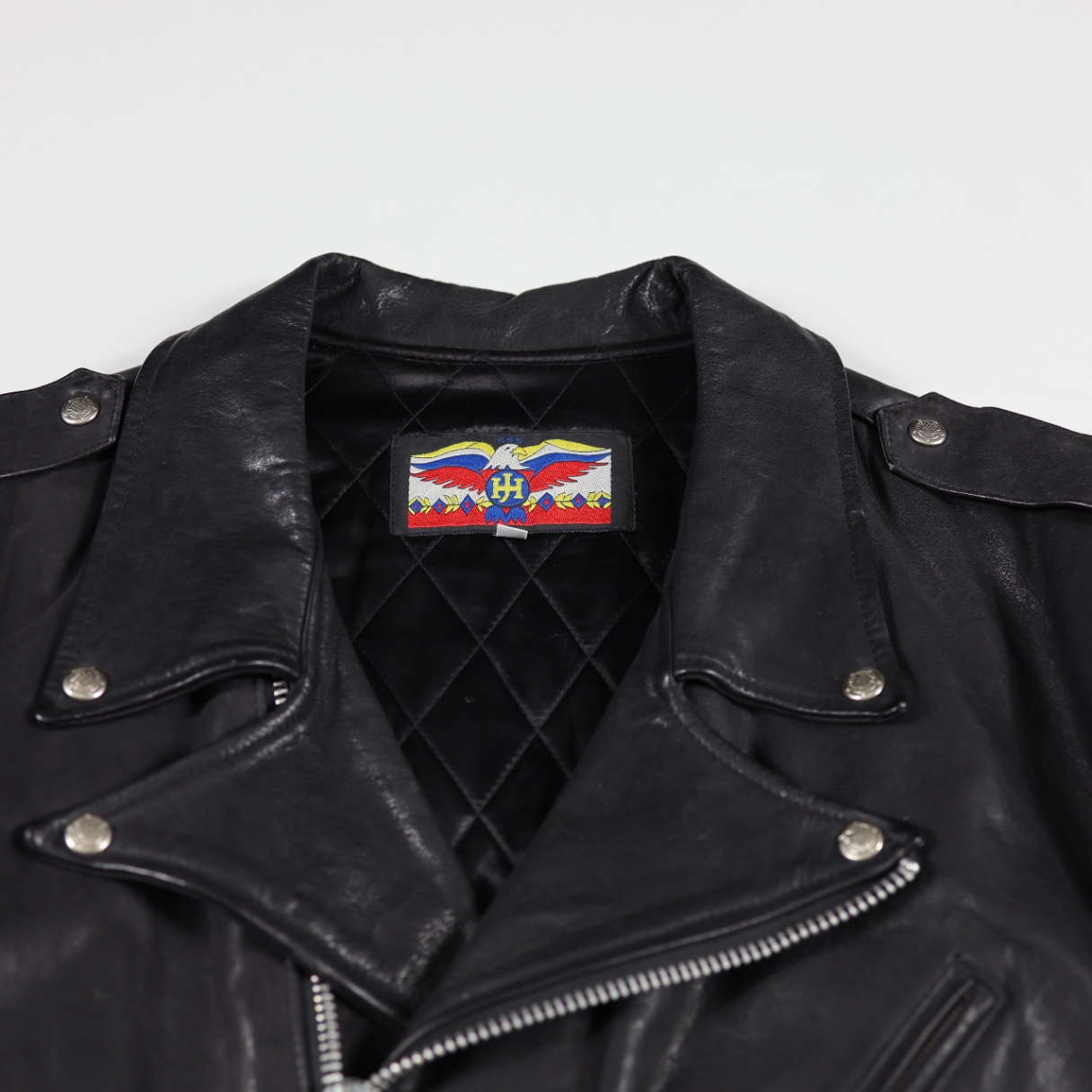 Jeff Hamilton Black Leather Biker Jacket with Eagle Patch, American Star Badge, Motorcycle Style, Size Large