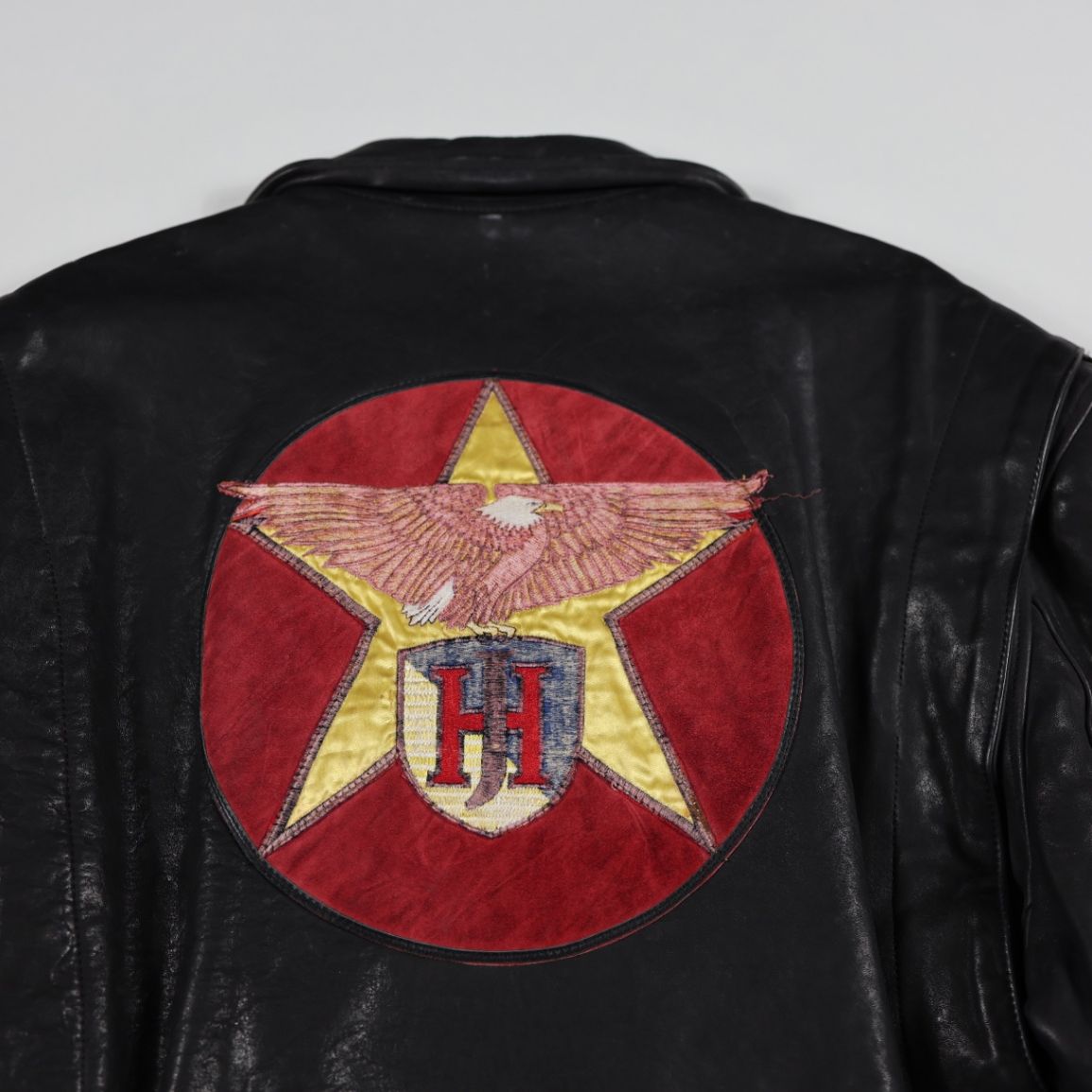 Jeff Hamilton Black Leather Biker Jacket with Eagle Patch, American Star Badge, Motorcycle Style, Size Large