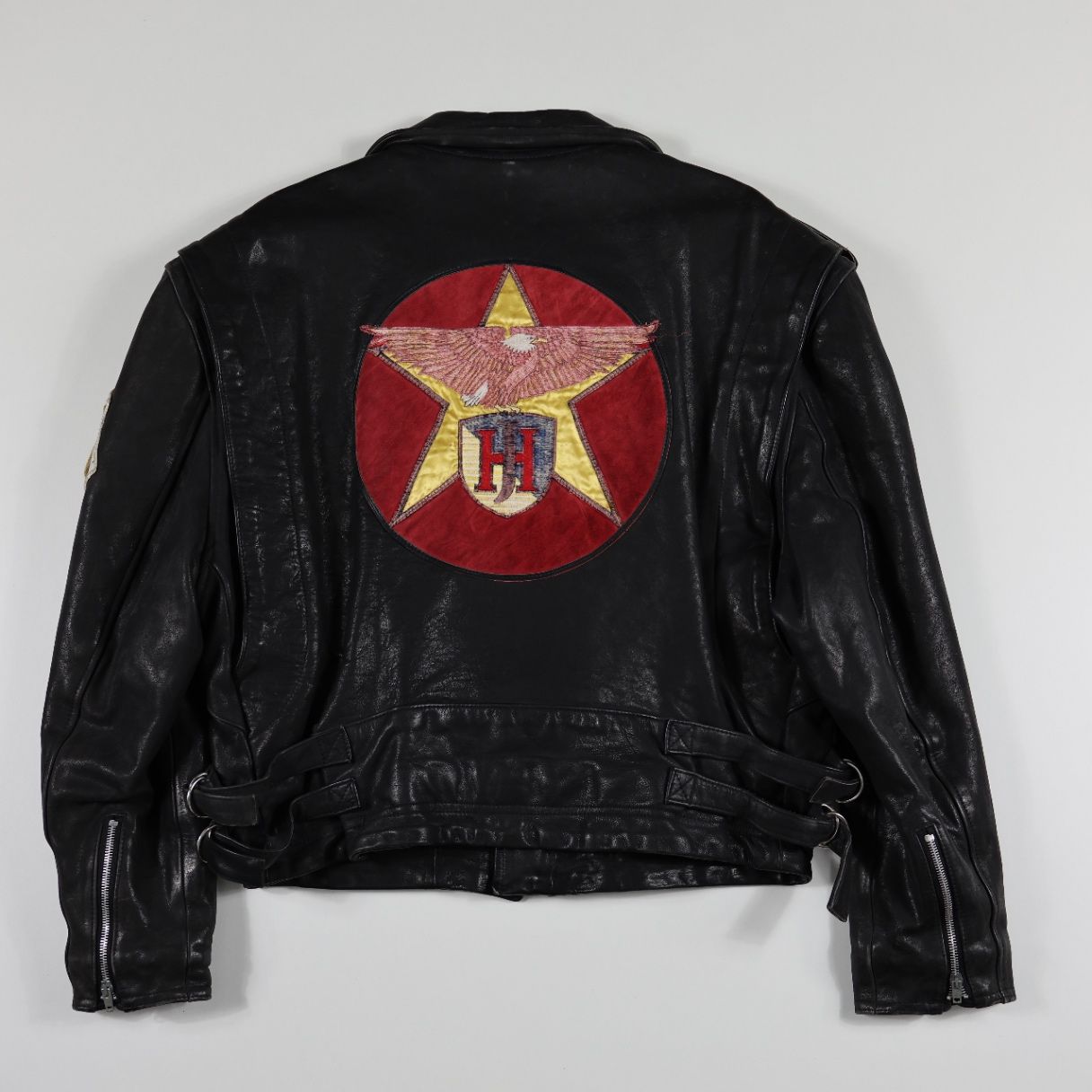 Jeff Hamilton Black Leather Biker Jacket with Eagle Patch, American Star Badge, Motorcycle Style, Size Large