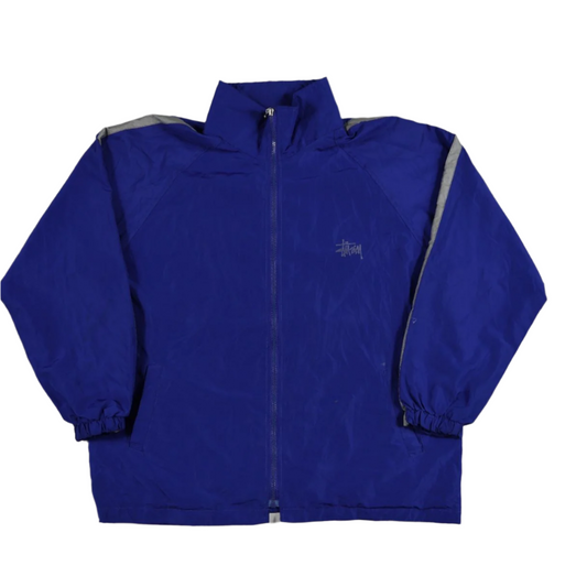 Stussy Sport Blue Polyester Windbreaker Jacket with Reflective Trim, Size L, Streetwear Collectible