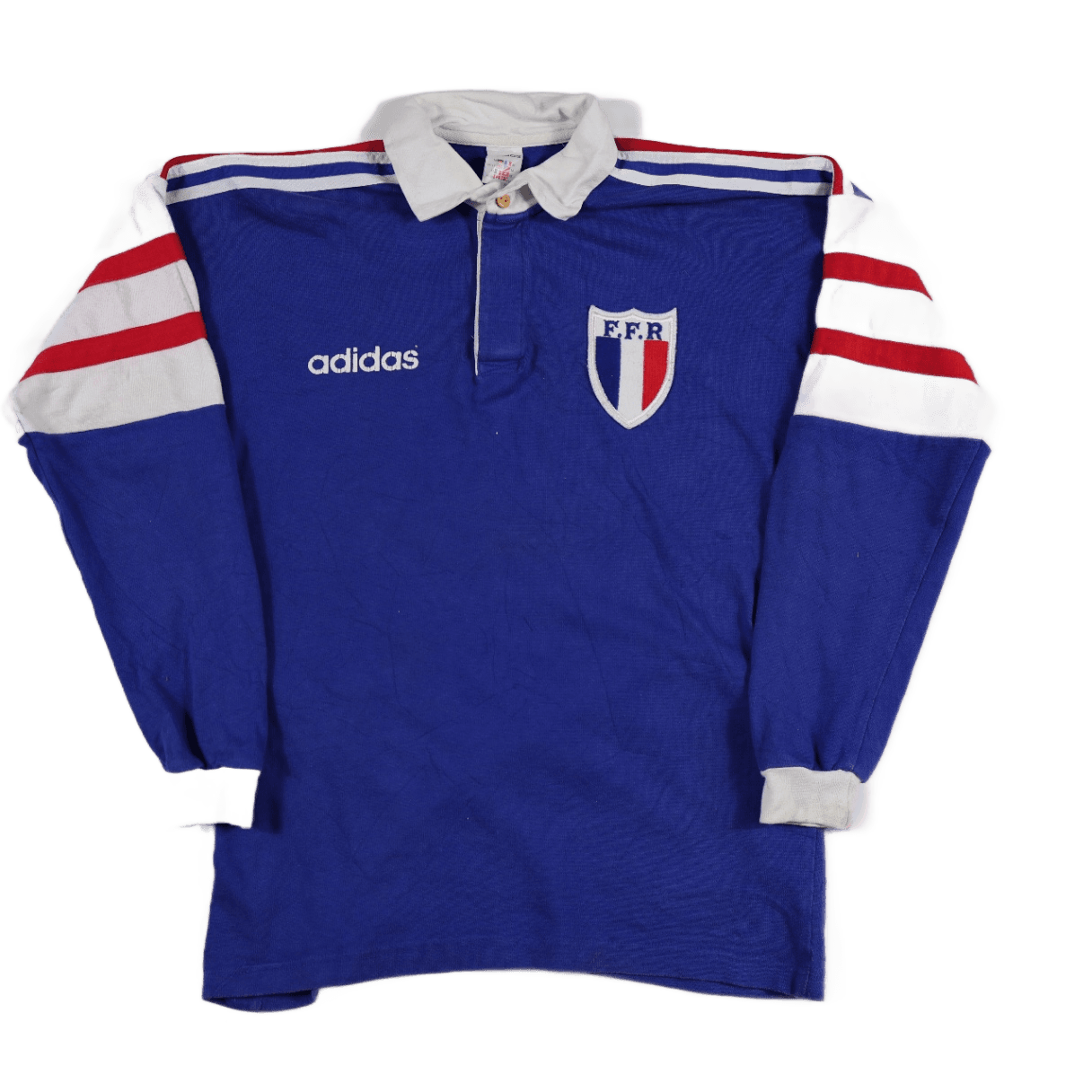 adidas France Rugby FFR No. 9 Blue Long Sleeve Shirt 1980s Size L – Classic Retro French Rugby Jersey