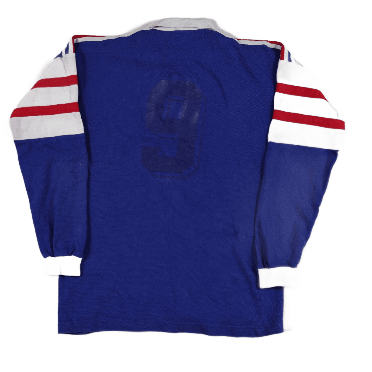 adidas France Rugby FFR No. 9 Blue Long Sleeve Shirt 1980s Size L – Classic Retro French Rugby Jersey