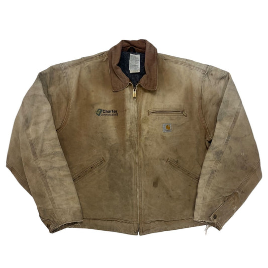 Carhartt J01 BRN Vintage Canvas Work Jacket Size 46 Charter Communications Distressed